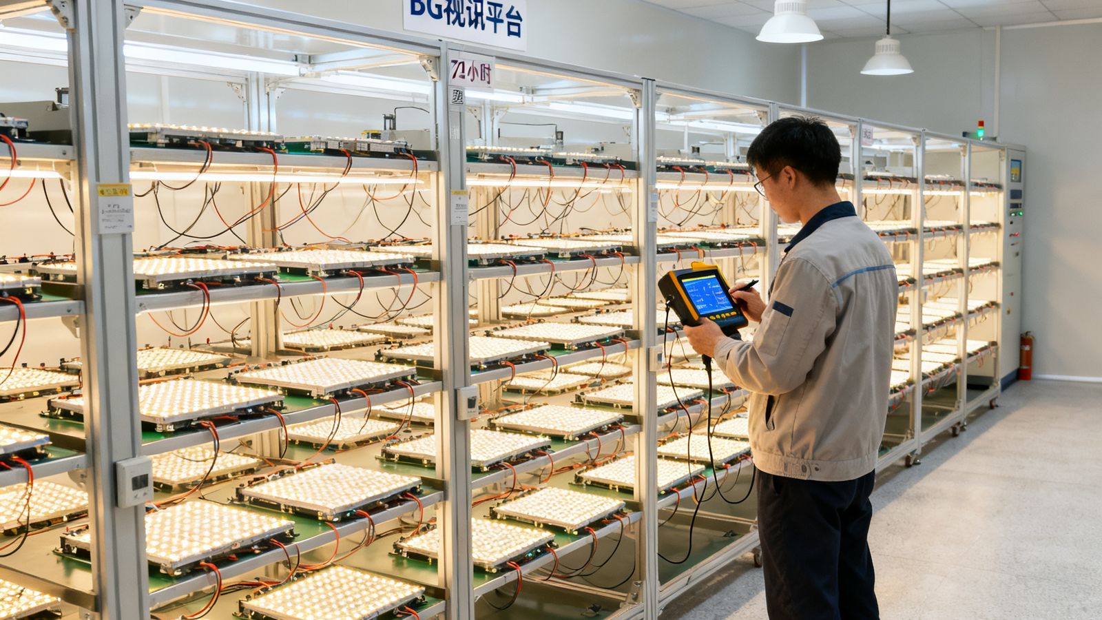 BG视讯平台深圳光明生产基地老化实验室内，数十块LED模组正在恒温恒湿环境中进行72小时不间断通电老化测试，技术人员手持检测仪记录数据